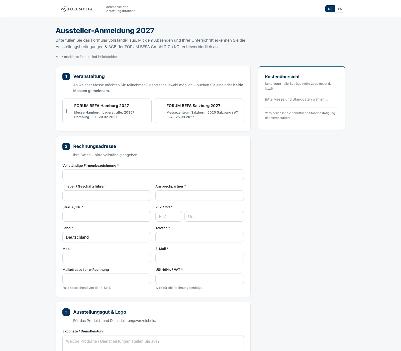 Das Online-Anmeldeformular — Messe-Auswahl, Rechnungsadresse und Kostenübersicht