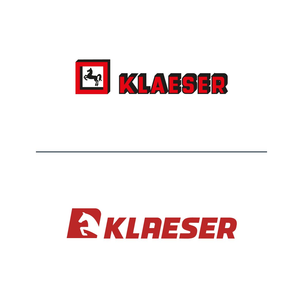 Klaeser Logo — Vorher (3D-Wortbildmarke) und Nachher (reduzierte flache Marke in Reinrot)