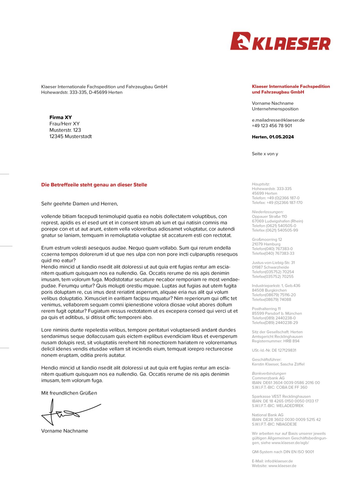 Klaeser Briefbogen nach DIN 5008 mit allen sechs Standorten