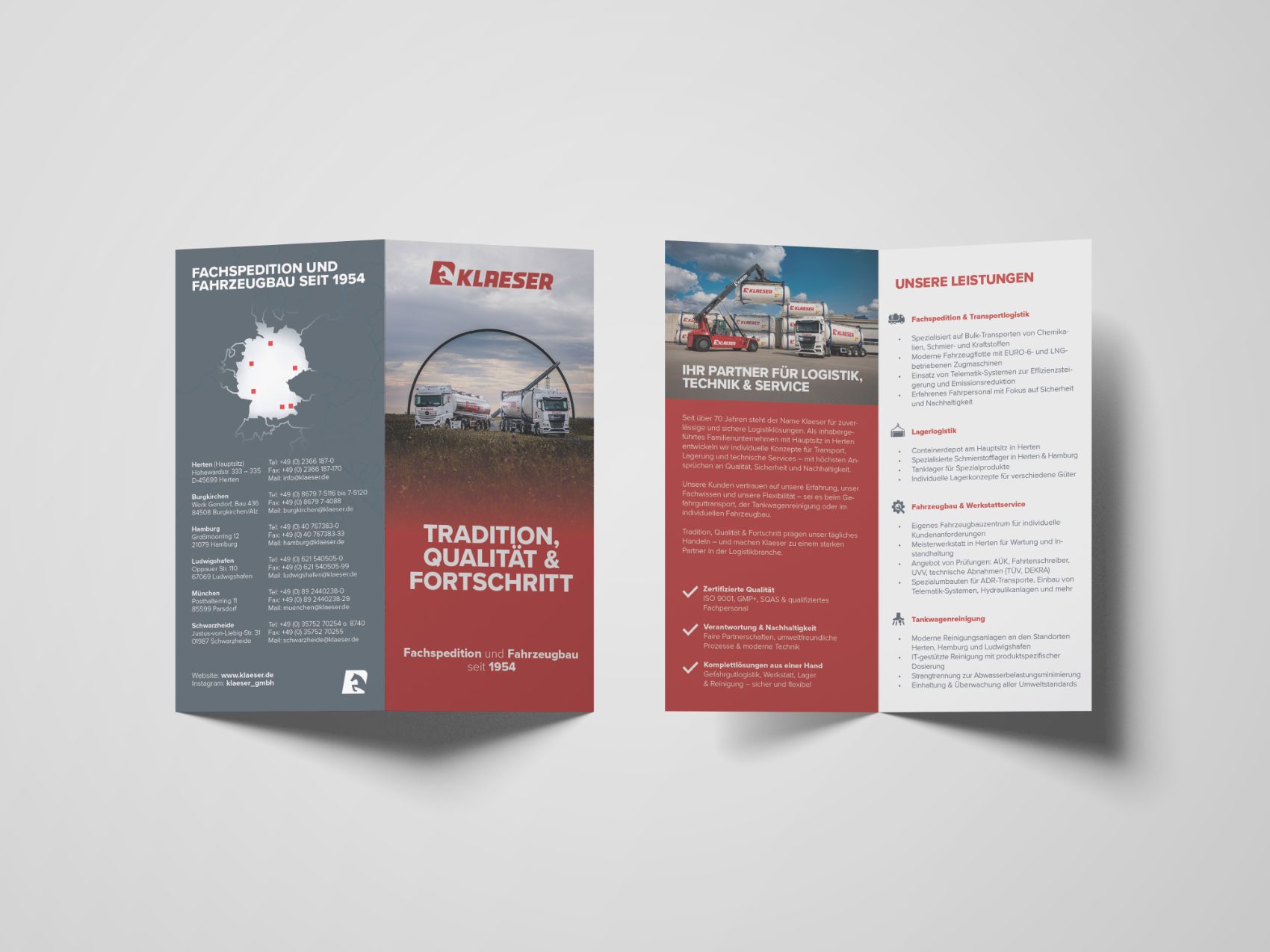 Klaeser Imageflyer — Außen- und Innenseiten mit Leistungsübersicht